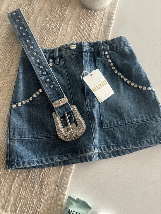 Show Me Your MuMu Dresses & Skirts - Show Me Your Mumu Blue Denim Mini Skirt with Studded Belt